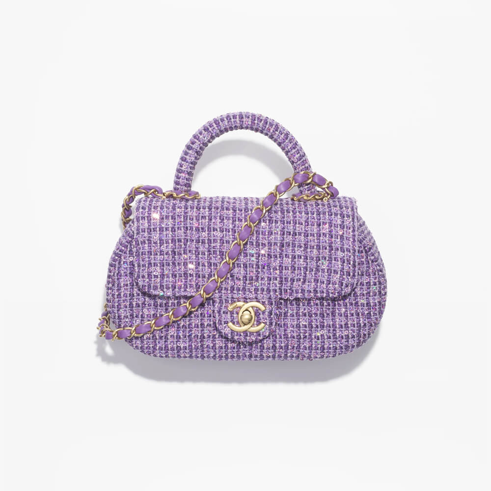 Chanel Mini Sequin Flap Bag with Top Handle Purple Tweed AS4573